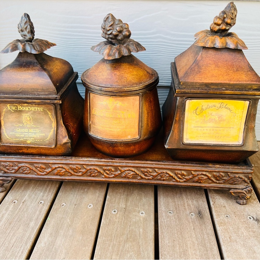 Three Piece Metal Cannister Set with matching Tray